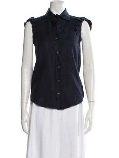 Pre-owned Oscar De La Renta Linen Sleeveless Button-up Top In Blue