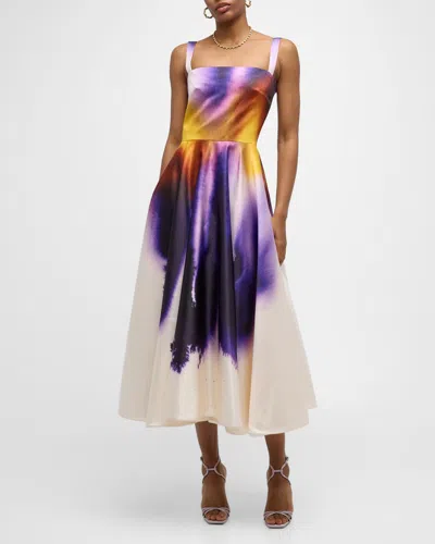 Oscar De La Renta Long Abstract Orchid Satin Fit-flare Dress In Violet/ivory