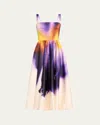 Oscar De La Renta Abstract Orchid Silk Satin Dress In Violetivory