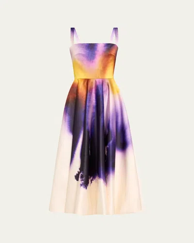 OSCAR DE LA RENTA LONG ABSTRACT ORCHID SATIN FIT-FLARE DRESS