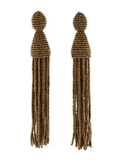 Pre-owned Oscar De La Renta Long Beaded Tassel Clip-on Drop Earrings In Brown