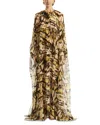 Oscar De La Renta Long Sleeve Abstract Butterfly Silk Chiffon Caftan