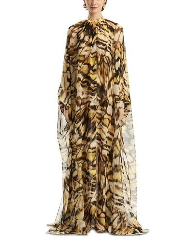 Oscar De La Renta Long Sleeve Abstract Butterfly Silk Chiffon Caftan