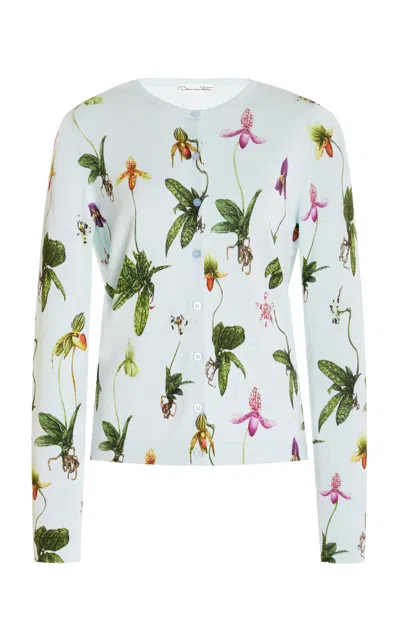 Oscar De La Renta Long Sleeve  All Over Orchid Print Cardigan In Light Blue