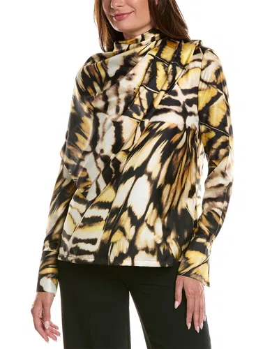 Oscar De La Renta Long Sleeve Butterfly Silk Twill Blouse In Animal Print