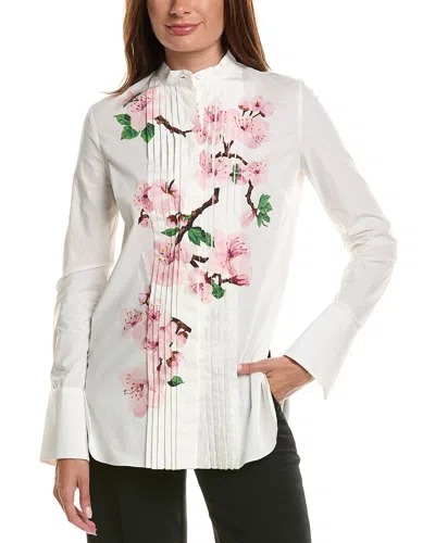 Oscar De La Renta Long Sleeve Cherry Blossom Blouse In White