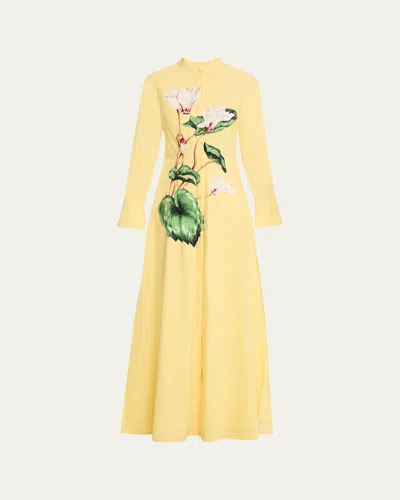 Oscar De La Renta Long-sleeve Chine Cyclamen Poplin Maxi Shirtdress In Yellow