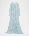 Oscar De La Renta Long-sleeve Corded Botanical Guipure Gown In Blue