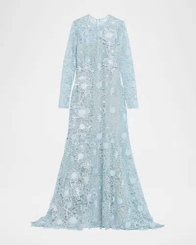 Oscar De La Renta Long-sleeve Corded Botanical Guipure Gown