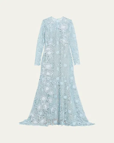 Oscar De La Renta Long-sleeve Corded Botanical Guipure Gown