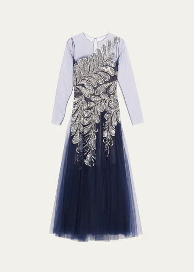 Oscar De La Renta Long-sleeve Crystal And Sequin Embroidered Gown In Navy/silver