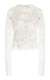 Oscar De La Renta Long Sleeve  Draped Neck Detail  Cotton Blouse In White