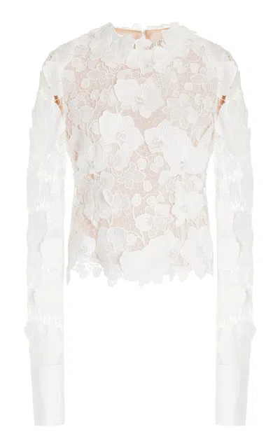 Oscar De La Renta Long Sleeve  Draped Neck Detail  Cotton Blouse In White