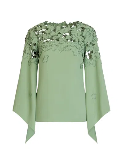 Oscar De La Renta Long-sleeve Embroidered Blouse In Green