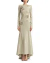 Oscar De La Renta Long Sleeve Embroidered Cherry Blossom Sequin Jersey Gown