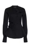 Oscar De La Renta Long Sleeve  Fabric Orchid Cotton Stretch Blouse In Black