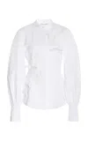 Oscar De La Renta Long Sleeve  Fabric Orchid Cotton Stretch Blouse In White