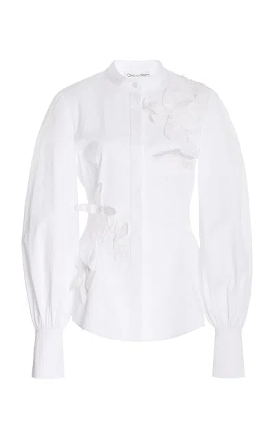 Oscar De La Renta Long Sleeve  Fabric Orchid Cotton Stretch Blouse In White
