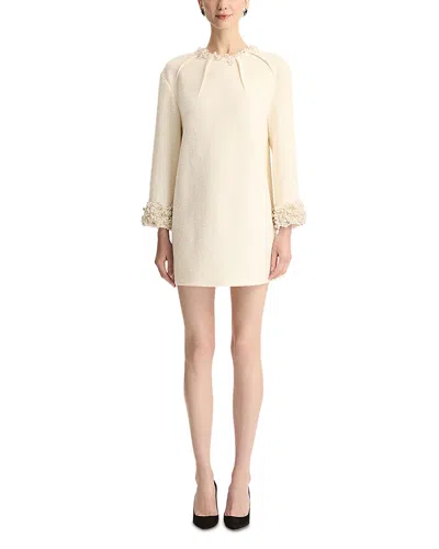 Oscar De La Renta Long Sleeve Faux Pearl Embroidered Tweed Cocktail Dress In Neutral