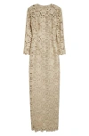 Oscar De La Renta Long Sleeve Foiled Rose Guipure Lace Gown In Gold