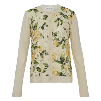 Oscar De La Renta Long Sleeve Garden Rose Printed Cardigan In Neutral