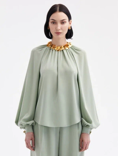 Oscar De La Renta Long Sleeve Georgette Blouse In Eucalyptus