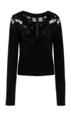 Oscar De La Renta Long Sleeve Guipure Shoulder Detail Cardigan In Black