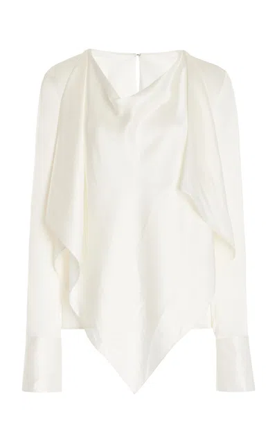 Oscar De La Renta Long Sleeve Jewel Button Detail Silk Satin Blouse In Ivory
