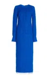 Oscar De La Renta Long Sleeve  Jewel Neck Fringe Fil Coupe Dress In Blue