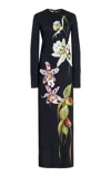 Oscar De La Renta Long Sleeve  Large Orchids Jersey Dress In Dark Navy Multi