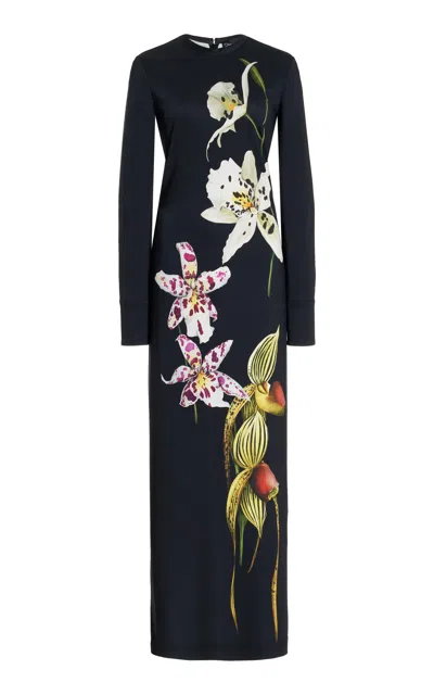 Oscar De La Renta Long Sleeve  Large Orchids Jersey Dress In Dark Navy Multi