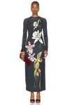 Oscar De La Renta Orchid Long Sleeve Jersey Dress In Dark Navy Multi