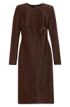 Oscar De La Renta Long Sleeve Metallic Knit Cocktail Dress In Brown