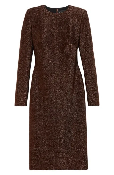 Oscar De La Renta Long Sleeve Metallic Knit Cocktail Dress In Brown