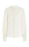 Oscar De La Renta Long Sleeve  Orchid Button Embroidered Georgette Blouse In Ivory