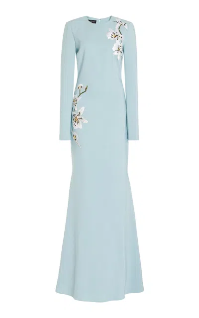 Oscar De La Renta Long Sleeve Orchid Threadwork Embroidered Cady Gown In Light Blue