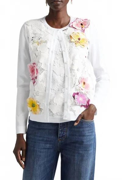Oscar De La Renta Long Sleeve Orchid Threadwork Embroidered Lace Cardigan In White Multi