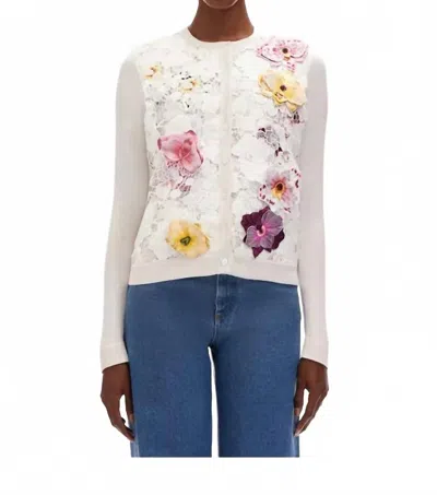 Oscar De La Renta Long Sleeve Orchid Threadwork Embroidered Lace Cardigan In White Multi In Neutral