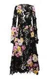 Oscar De La Renta Long Sleeve Orchid Threadwork Orchid Guipure Gown In Black
