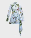 Oscar De La Renta Long-sleeve Orchids Poplin Draped Romper In Light Blue Multi