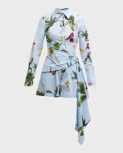 Oscar De La Renta Long-sleeve Orchids Poplin Draped Romper In Light Blue Multi