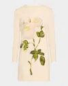 Oscar De La Renta Painted Rose Long Sleeve Wool Blend Shift Dress In Whiteivory