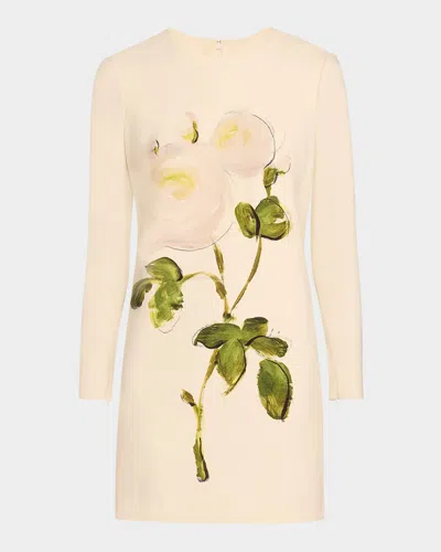 OSCAR DE LA RENTA LONG-SLEEVE PAINTED ROSES WOOL MINI DRESS