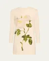 Oscar De La Renta Painted Rose Long Sleeve Wool Blend Shift Dress In Whiteivory
