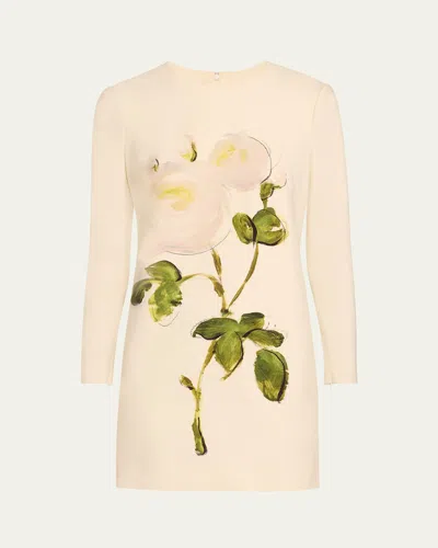 OSCAR DE LA RENTA LONG-SLEEVE PAINTED ROSES WOOL MINI DRESS