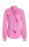 Oscar De La Renta Long Sleeve  Pearl Cabochon Embroidered Georgette Blouse In Pink