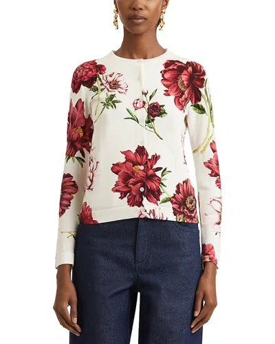 Oscar De La Renta Long Sleeve Peony Print Cardigan Sweater In Multi