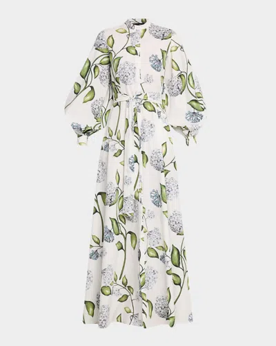 Oscar De La Renta Long-sleeve Porcelain Flower Cotton Poplin Maxi Shirtdress In White