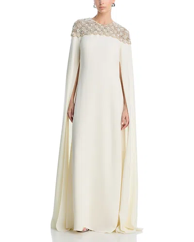 Oscar De La Renta Long Sleeved Embellished Silk Blend Dress In White
