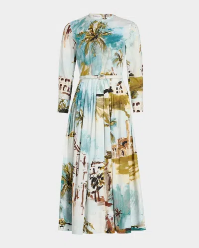 Oscar De La Renta Long-sleeve Landscape-print Cotton Poplin Midi Shirtdress With Belt In Yellow